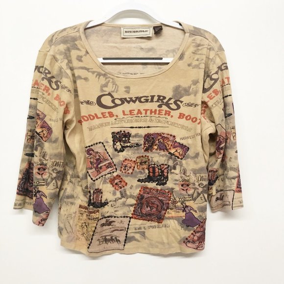 Bit & Bridle Tops - Bit & Bridle Brown Cowgirl Beaded T-Shirt XL